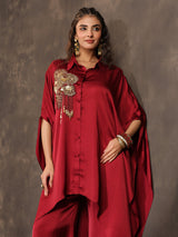 Maroon modal satin kaftan palazzo suit with coin embellishments