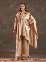 Beige modal satin kaftan palazzo suit with festive coin details