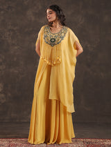 Yellow organza designer kaftan palazzo suit with zardosi work