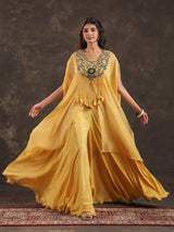 Yellow organza designer kaftan palazzo suit with zardosi work