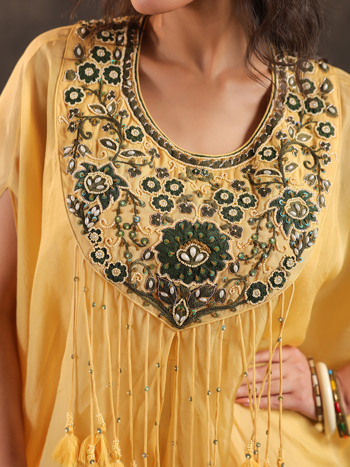 Yellow organza designer kaftan palazzo suit with zardosi work