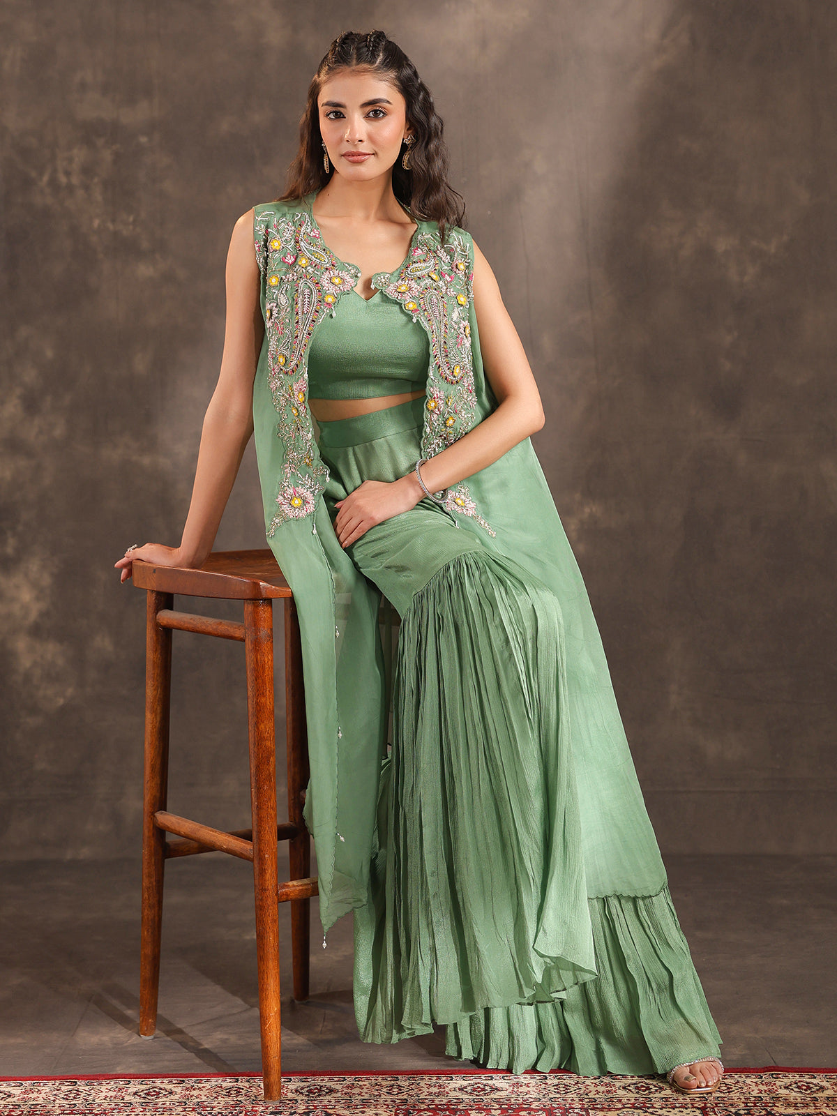 Pista green chinon jacket style sharara suit for weddings