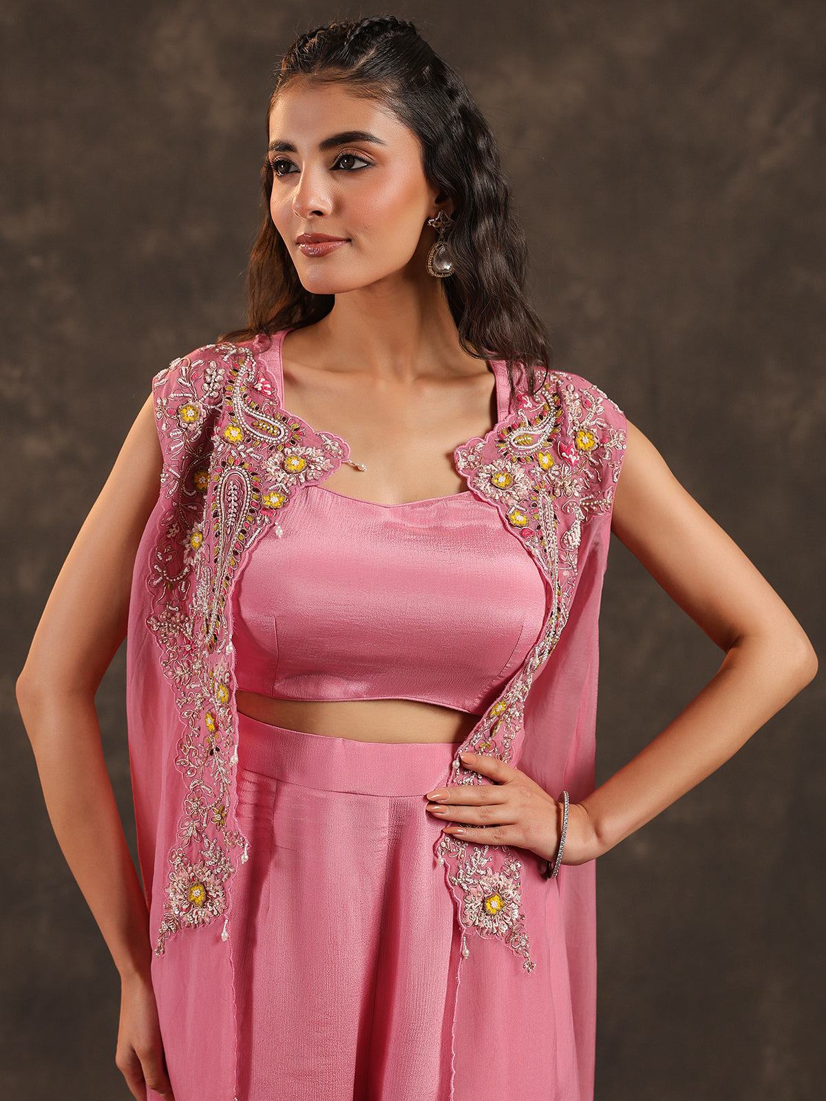 Pink chinon jacket style sharara suit with zardosi embellishments