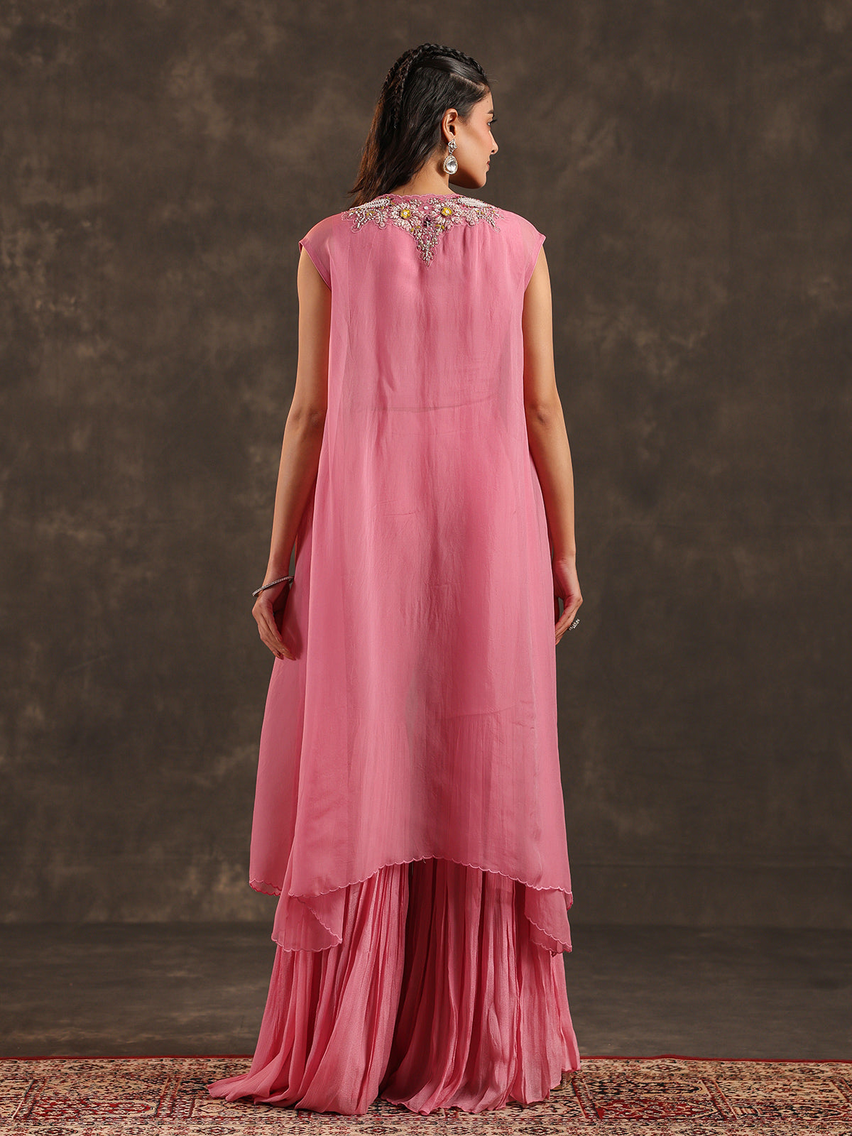 Pink chinon jacket style sharara suit with zardosi embellishments