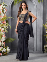 Black satin silk designer ready to wear festive saree