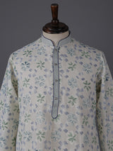 Off white blue floral printed cotton festive kurta suit