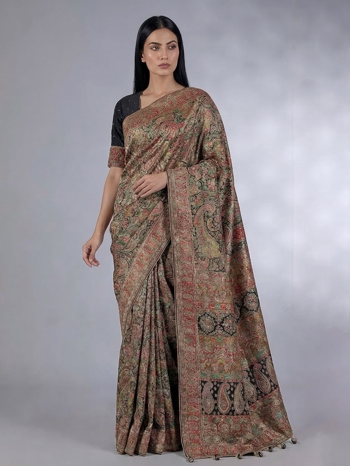 Black pashmina silk colorful motif heavy work saree