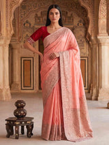 Peach art silk saree with zardosi and stone work