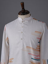 White cotton linen printed festive kurta suit