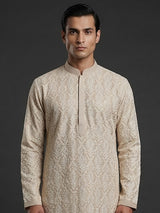 Cream cotton linen embroidered festive kurta suit
