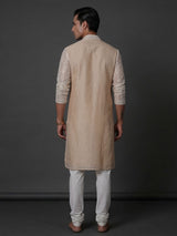 Cream cotton linen embroidered festive kurta suit