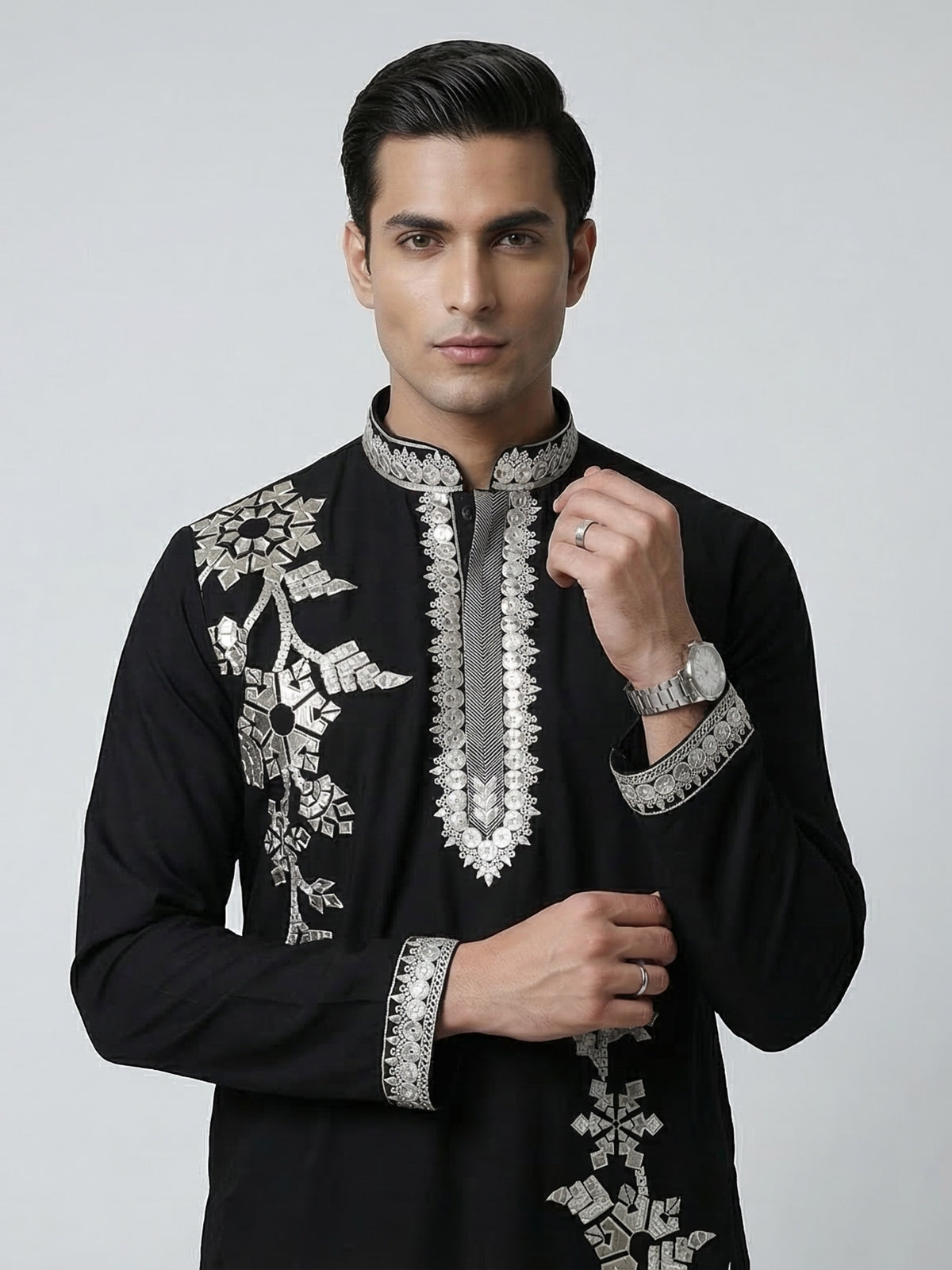 Black cotton embroidered mandarin collar festive kurta suit