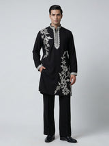 Black cotton embroidered mandarin collar festive kurta suit