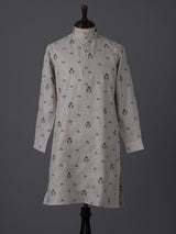 Light grey cotton linen embroidered festive kurta suit