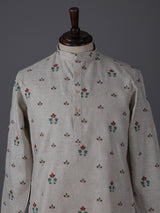 Light grey cotton linen embroidered festive kurta suit