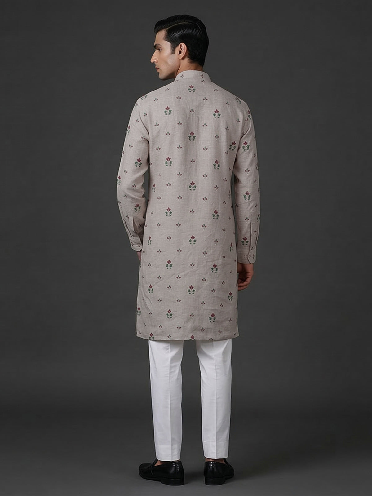 Light grey cotton linen embroidered festive kurta suit