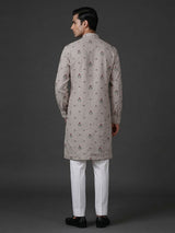 Light grey cotton linen embroidered festive kurta suit