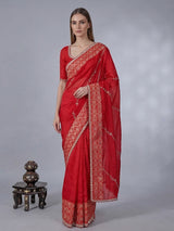 Red dola silk saree with sparkling festive embellishments
