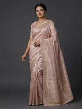 Peach tissue silk saree with mirror and zardosi work