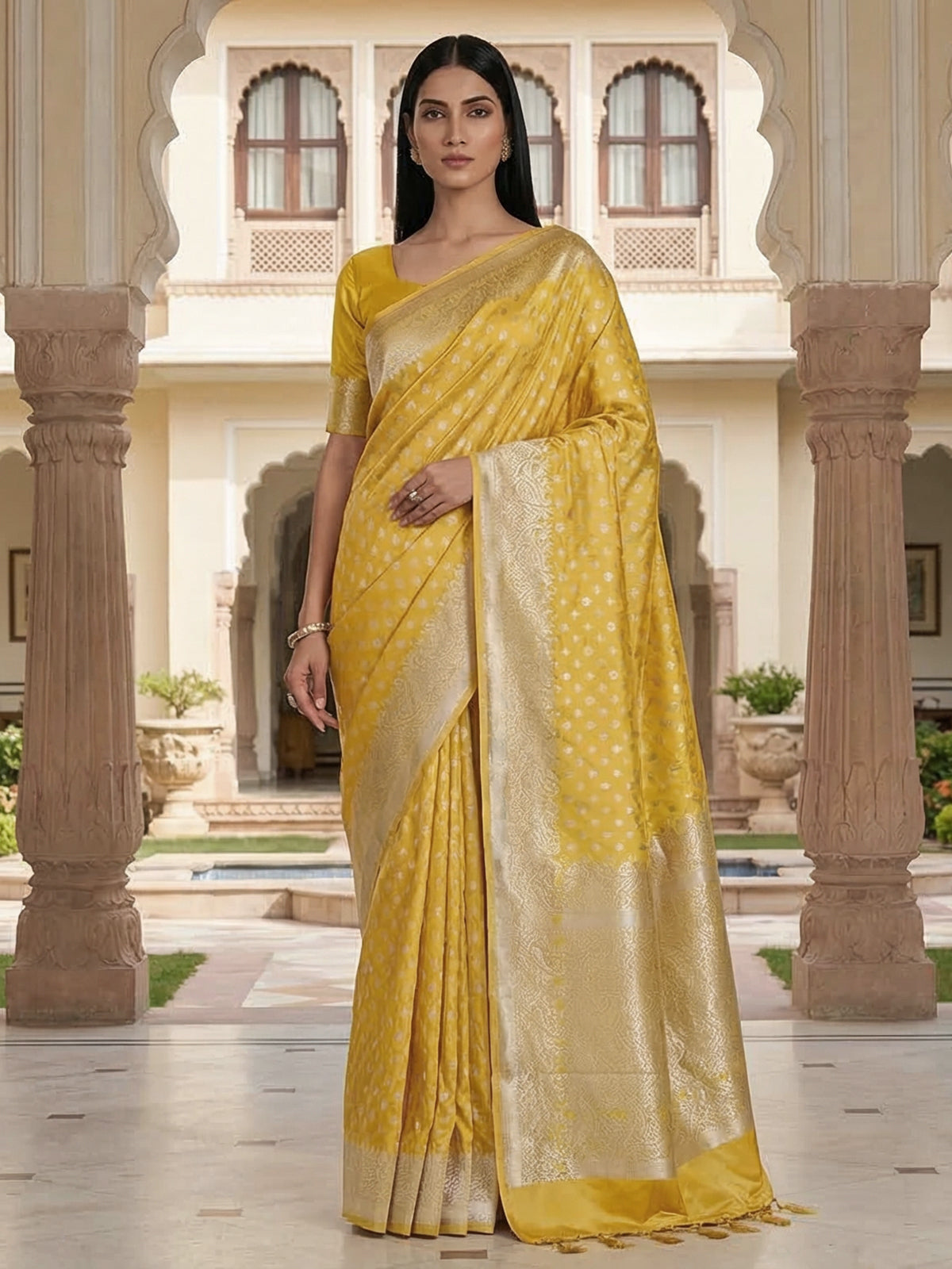 Yellow semi silk saree with festive zari detailing