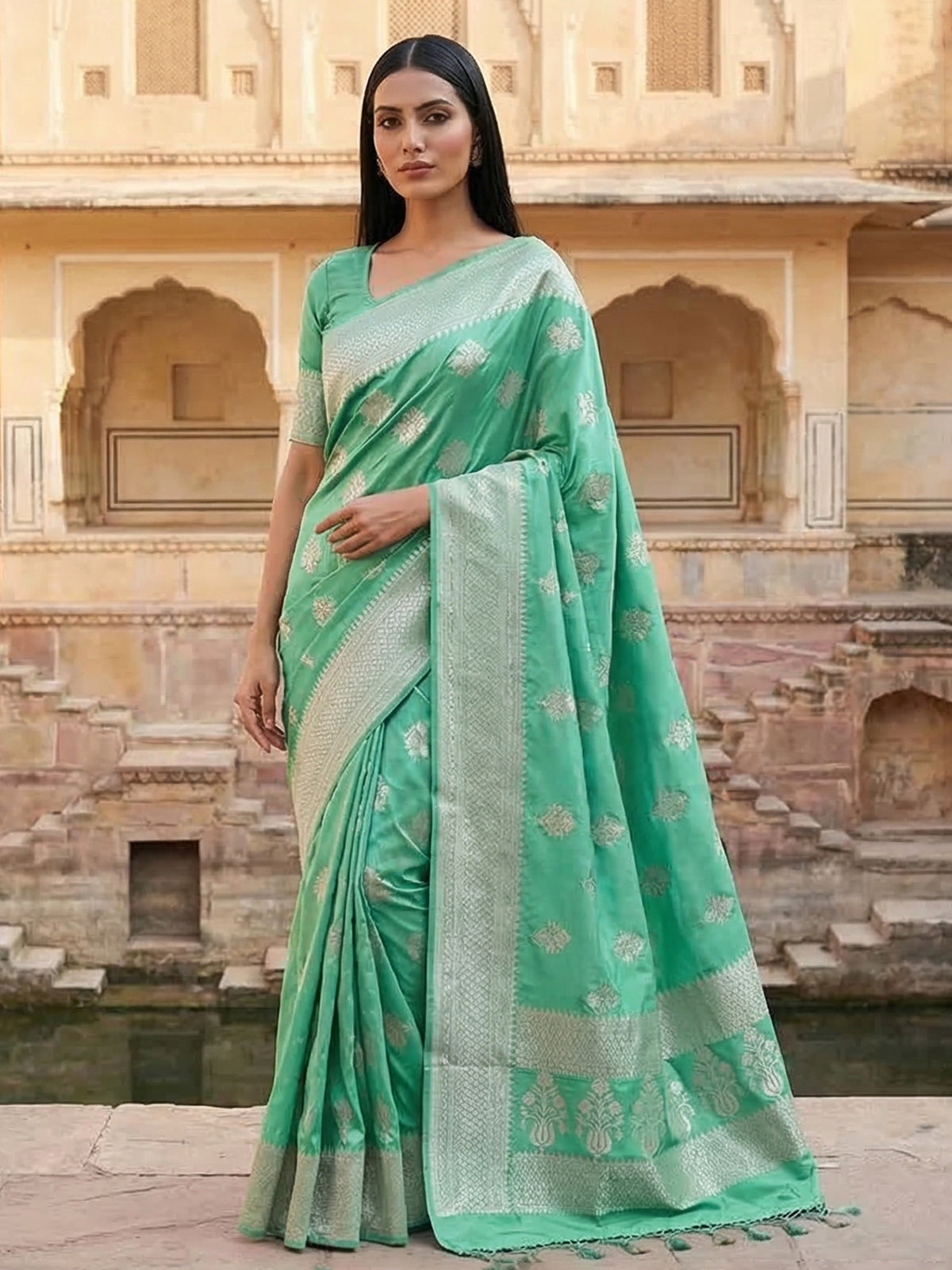Mint green art silk zari saree with elegant finish