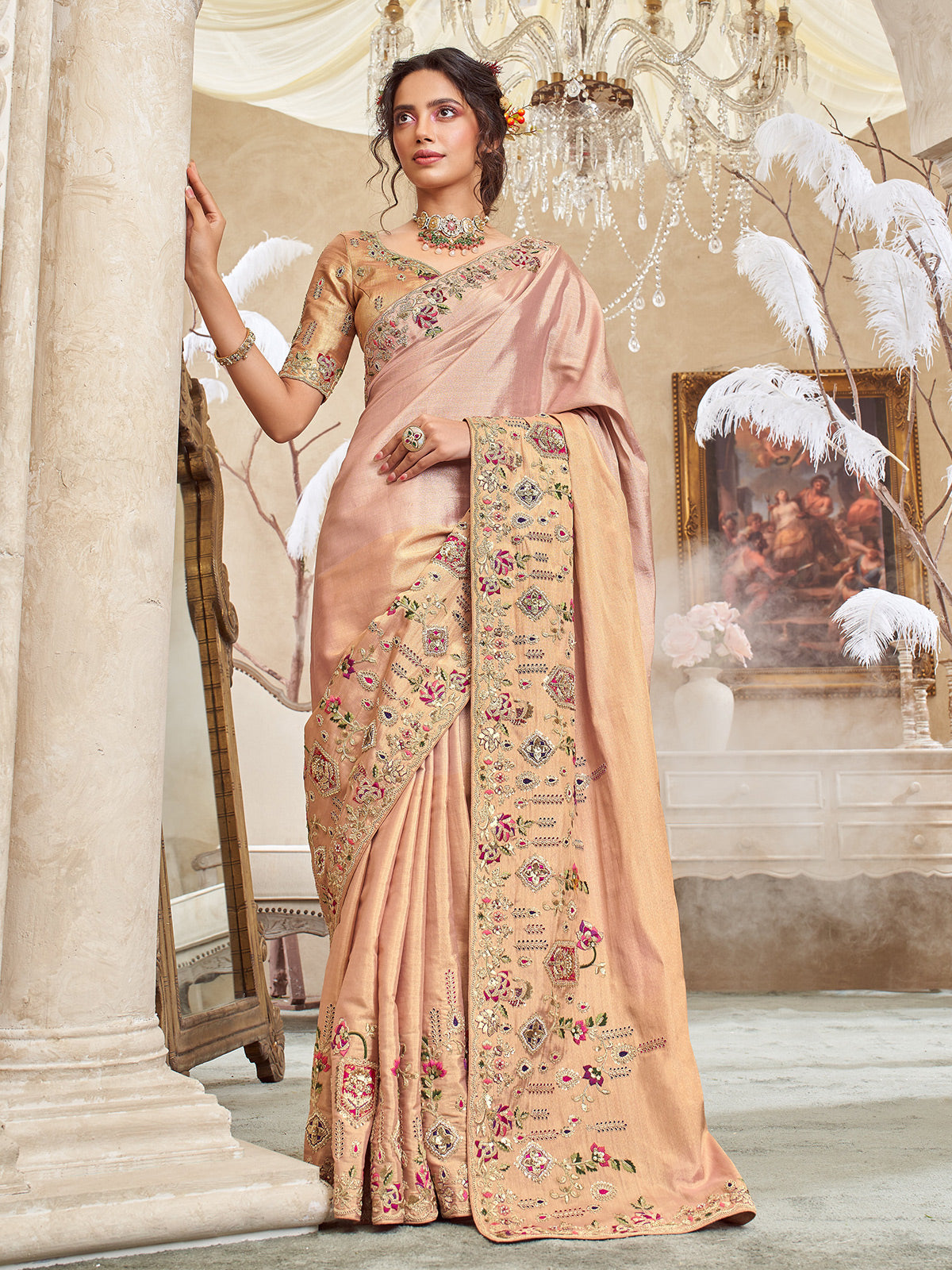 Light peach viscose silk saree for wedding wear