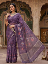 Purple floral printed mirror and zari work saree