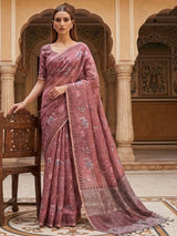 Brown floral printe and mirror work saree