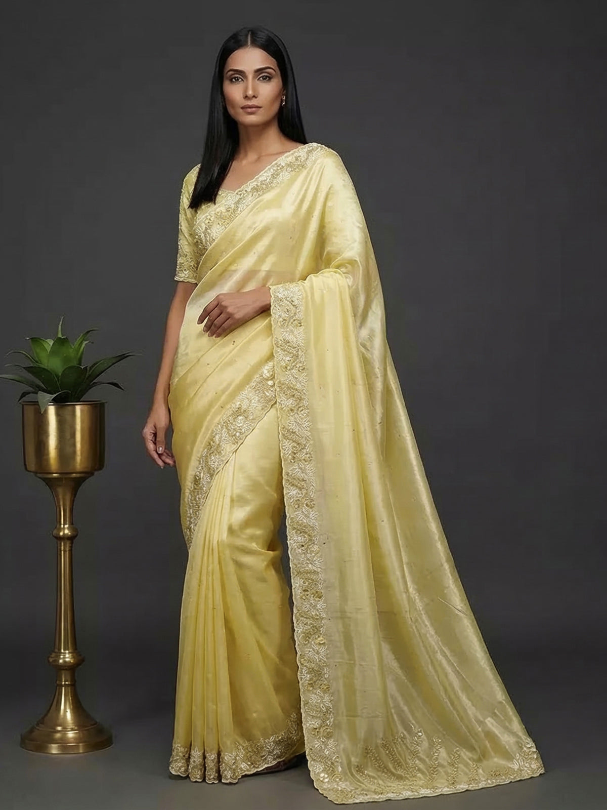 Yellow tissue silk haldi wedding saree
