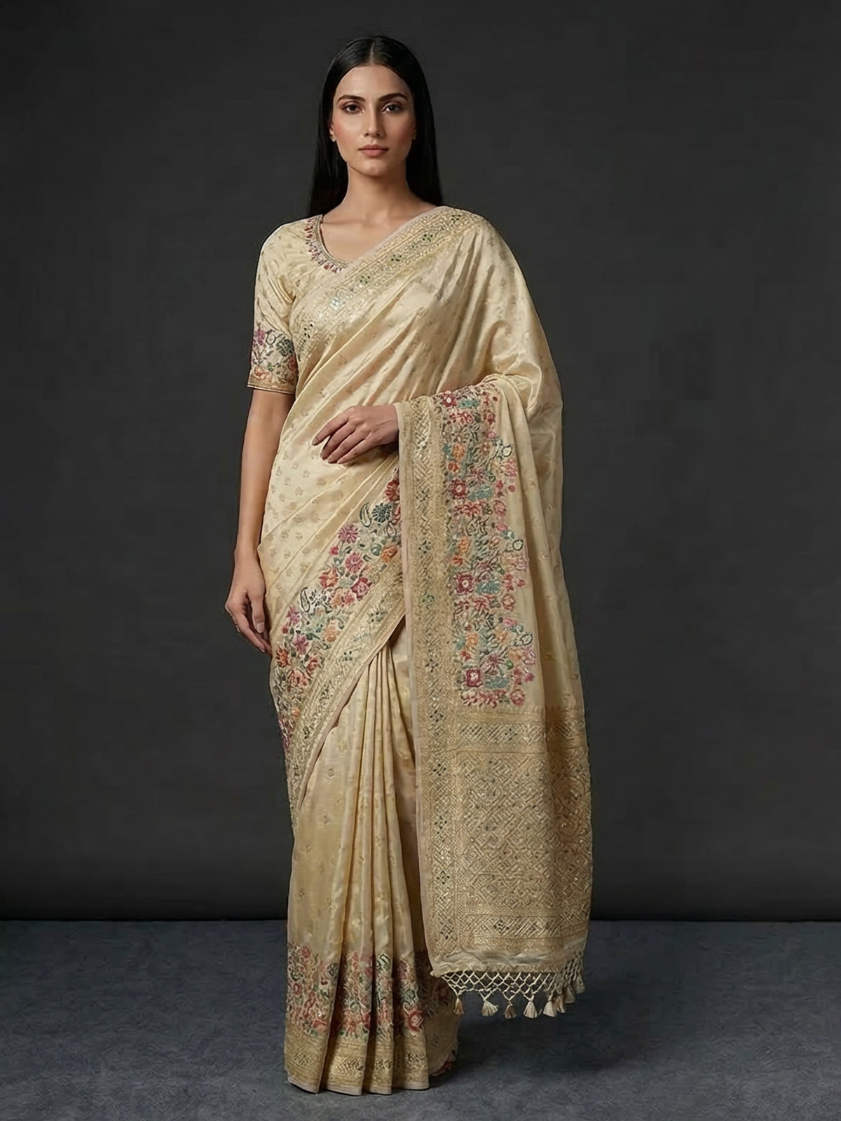 Cream dola silk festive embellished saree