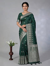 Bottle green zari butti satin silk saree