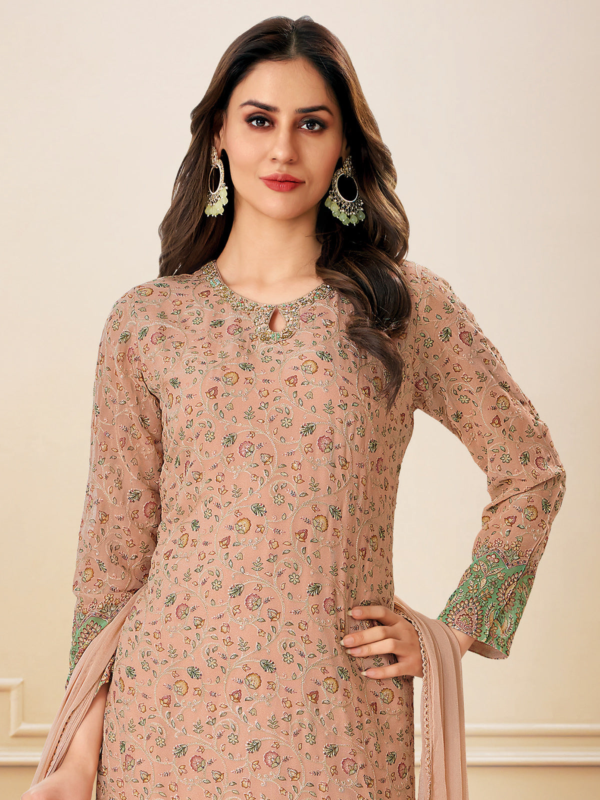Peach georgette salwar suit with embroidery for women