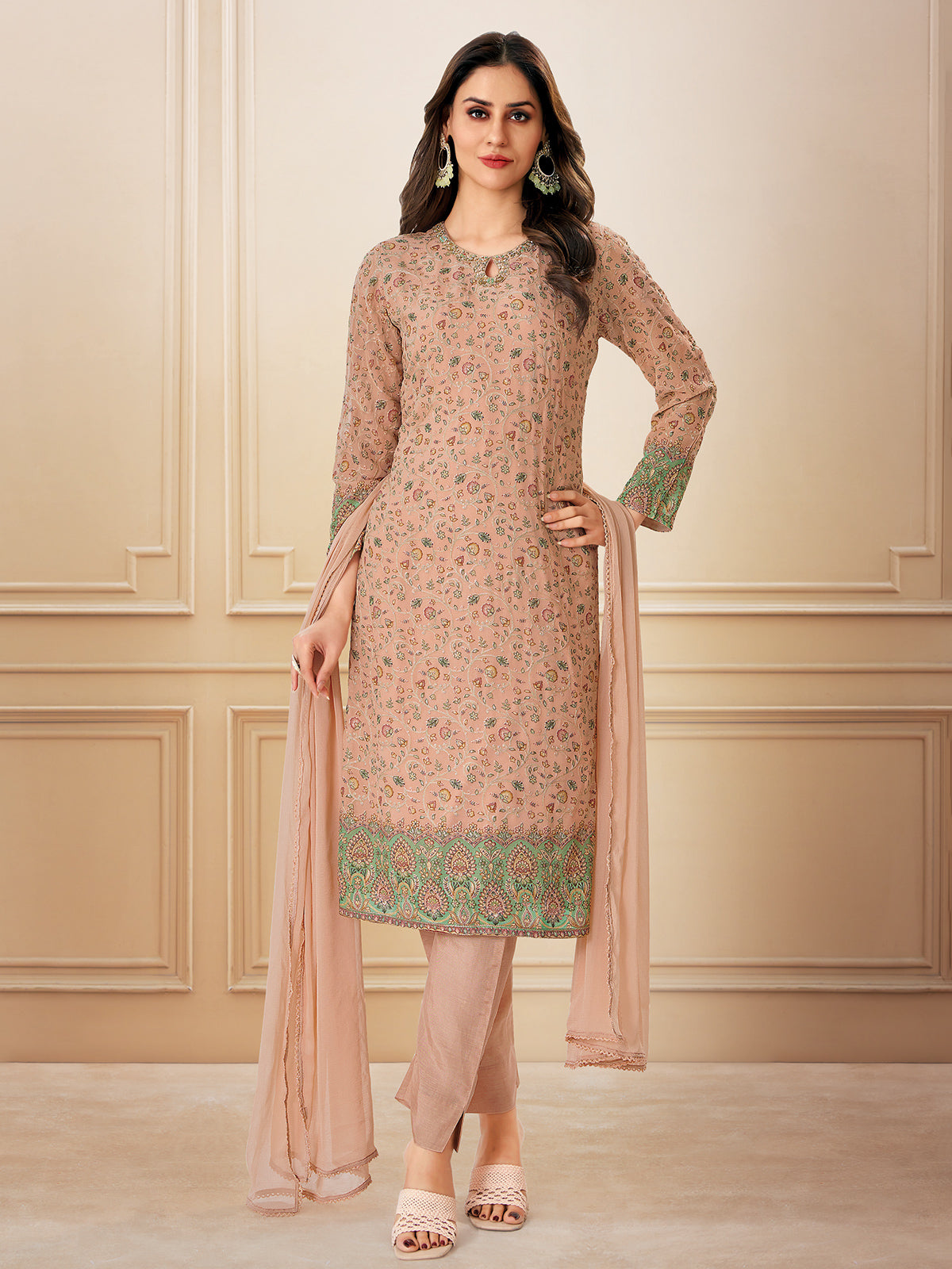 Peach georgette salwar suit with embroidery for women