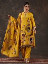 Mustard yellow viscose crepe printed kurti set with dupatta