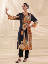 Navy blue Russian silk printed straight cut kurti set