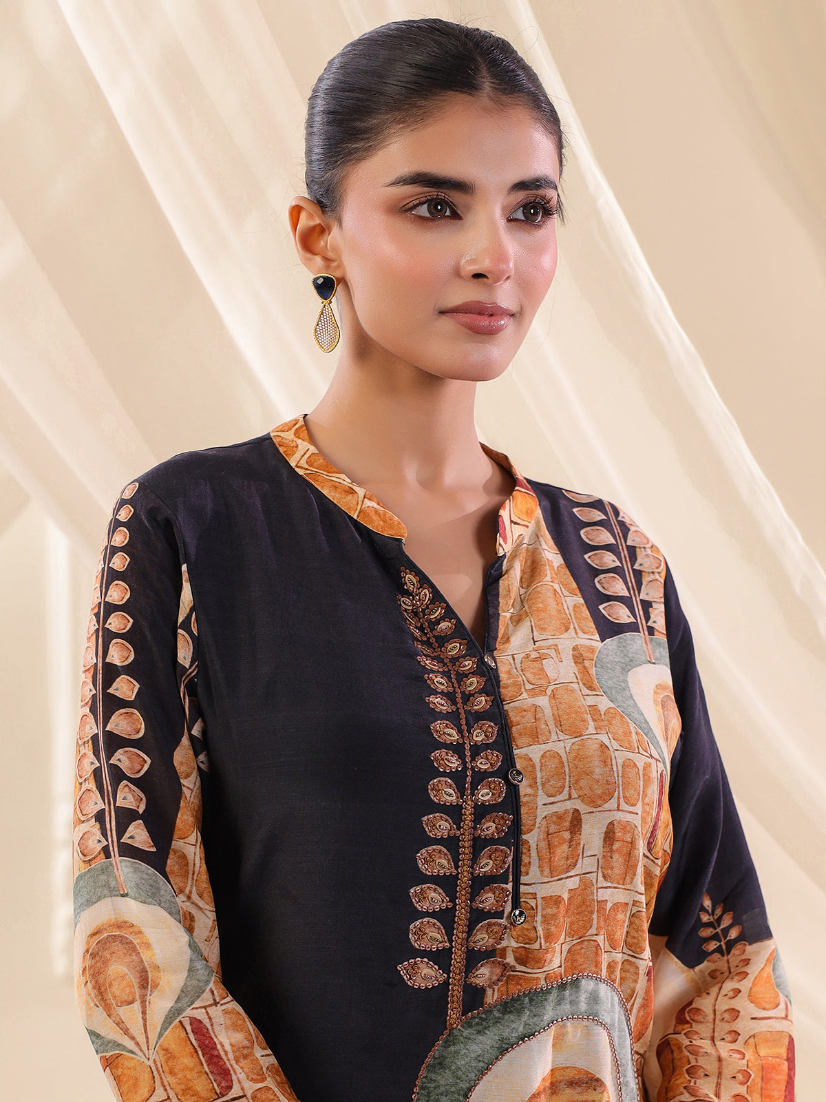 Navy blue Russian silk printed straight cut kurti set