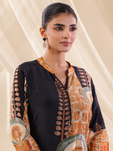 Navy blue Russian silk printed straight cut kurti set