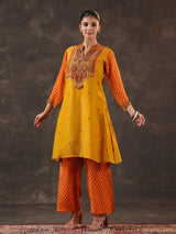 Mustard yellow chanderi silk printed yoke style kurti set
