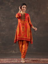 Red dola silk printed A line traditional kurti set