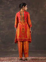 Red dola silk printed A line traditional kurti set