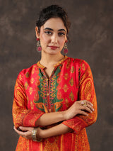 Red dola silk printed A line traditional kurti set