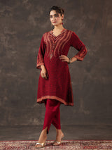 Maroon viscose crepe printed kurti set with embellishments