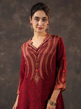 Maroon viscose crepe printed kurti set with embellishments