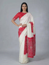 Cream red bandhej printed festive wear saree