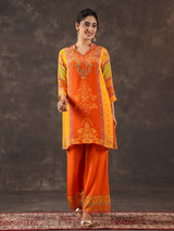 Orange viscose crepe printed palazzo set with mirror