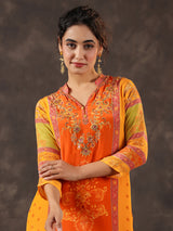 Orange viscose crepe printed palazzo set with mirror