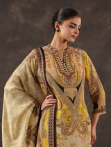 Beige viscose crepe printed kurti set with dupatta