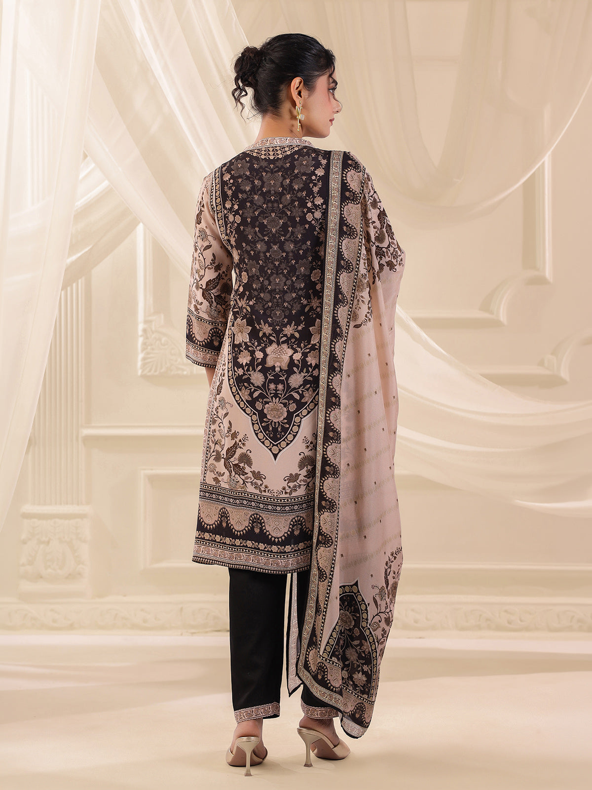 Black viscose crepe printed kurti set with dupatta