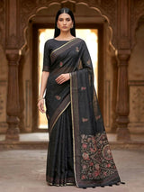 Black cotton silk saree with thread and sequins work