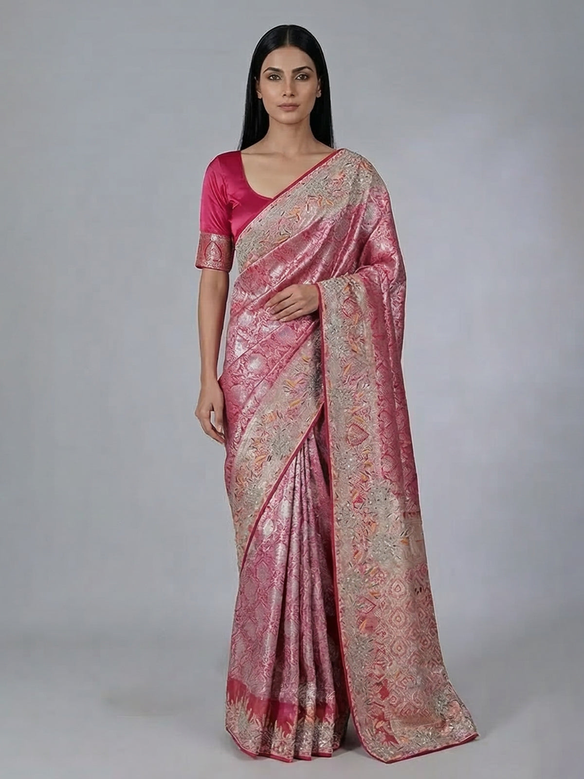 Rani pink semi kanjivaram silk saree with zardosi work